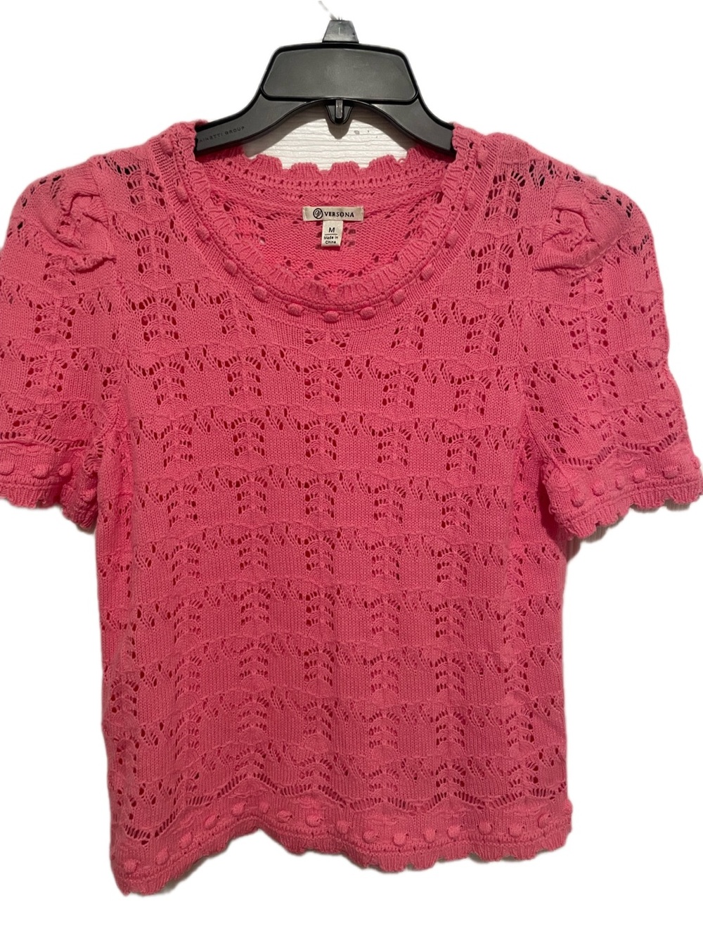 Versona Raspberry Pink Crochet Puff-Sleeve Knit Top